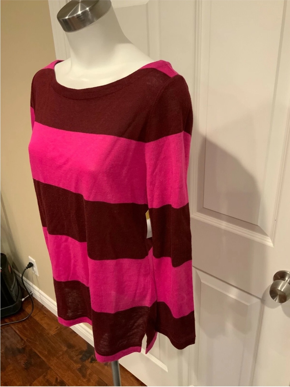 J. Crew Rugby Striped Boatneck in Fuchsia Pink and Dark Burgundy - Small - Picture 2 of 3